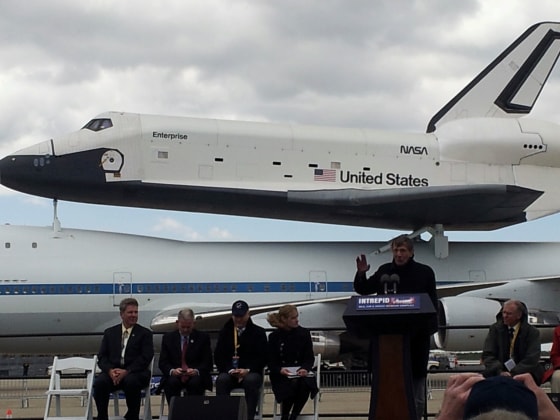 Leonard Nimoy of "Star Trek" fame says a few words after NASA's prototype space shuttle Enterprise touched down in New York City on Friday.