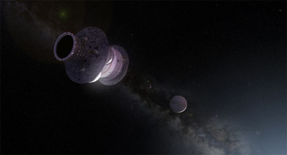 An artist's impression of the British Interplanetary Society's Daedalus unmanned starship entering another star system.