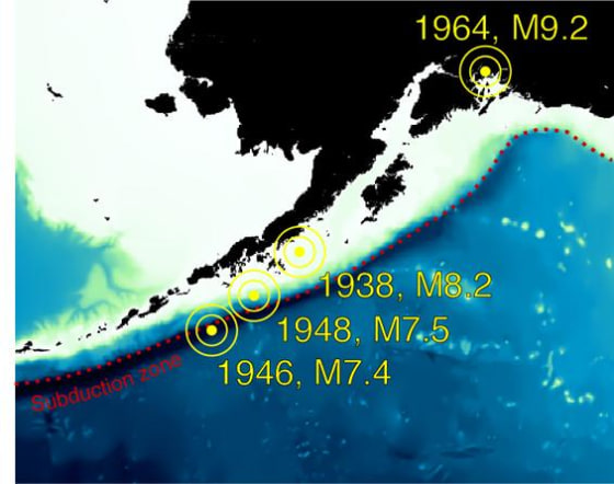 This map shows Alaska's great earthquakes.