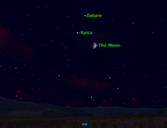 Saturn joins the bright star Spica and the first quarter moon on Wednesday.