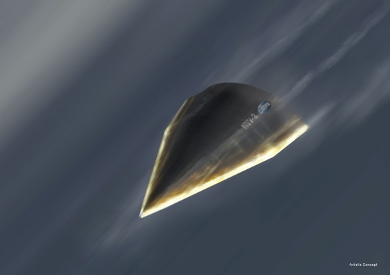An artist's illustration of DARPA's Hypersonic Technology Vehicle 2 (HTV-2) traveling at 13,000 mph, or Mach 20, during its Aug. 11, 2011 test flight.