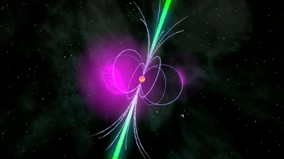 A gamma-ray pulsar is a compact neutron star that accelerates charged particles to relativistic speeds in its extremely strong magnetic field. An odd, hiccuping pulsar (shown in this illustration) was discovered this month that sped up a bit, causing it to be missed initially by searching scientists.