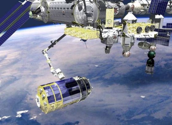 An artist's interpretation of Japan's massive unmanned H-2 Transfer Vehicle arriving at the International Space Station.