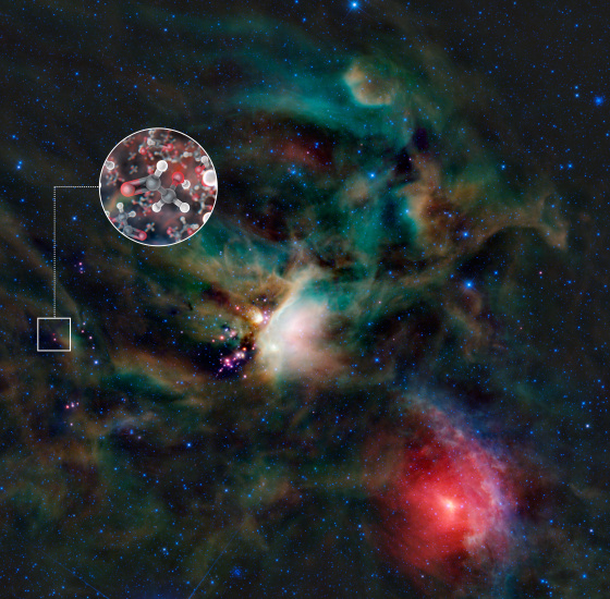 This image shows the Rho Ophiuchi star-forming region in infrared light, as seen by NASA’s Wide-field Infrared Explorer (WISE). IRAS 16293-2422 is the red object in the center of the small square. The inset image is an artist’s impression of glycolaldehyde molecules, showing glycolaldehyde's molecular structure.