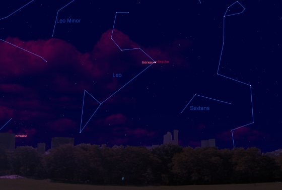 This sky map shows the location of brilliant planet Venus and the bright star Regulus in the pre-dawn sky on Wednesday, as viewed from mid-northern latitudes.