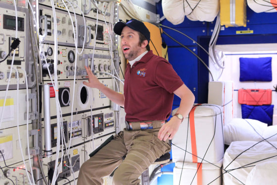 Actor Simon Helberg, portraying Howard Wolowitz on CBS' "The Big Bang Theory," is seen "floating" on the space station.