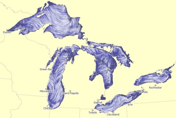A screenshot, taken on Wednesday afternoon, of a new map that visualizes the surface currents on the Great Lakes.