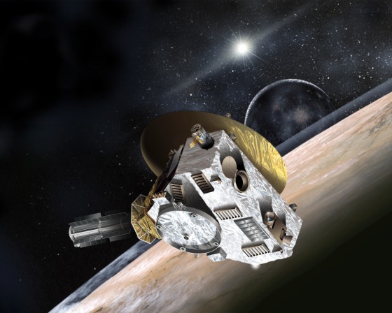 This artist’s concept shows NASA's New Horizons spacecraft during its 2015 encounter with Pluto and its moon Charon.