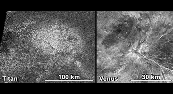 Image: Photos from Titan, left, and Venus