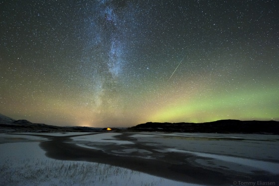 Photographer Tommy Eliassen captured this spectacular view of an Orionid meteor streaking through the dazzling northern lights and Milky Way from his camp in Korgfjellet, Hemnes, Norway, on Oct. 20, during the peak of the 2012 Orionid meteor shower.