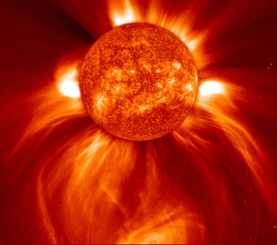 Charged particles ejected with this coronal mass ejection (pointing down) can create a potentially dangerous environment for astronauts in space.