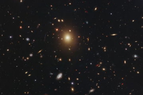 The giant elliptical galaxy in the center of this image, taken by NASA's Hubble Space Telescope is the most massive and brightest member of the galaxy cluster Abell 2261. 