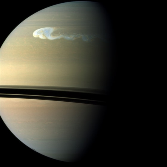 An image of Saturn taken in December 2010 by the Cassini spacecraft shows a storm with a latitudinal and longitudinal extent of 10,000 km and 17,000 km, respectively. The latitudinal extent of the storm’s head is about the distance from London to Cape Town. A "tail" emerging from its southern edge extends further eastward.