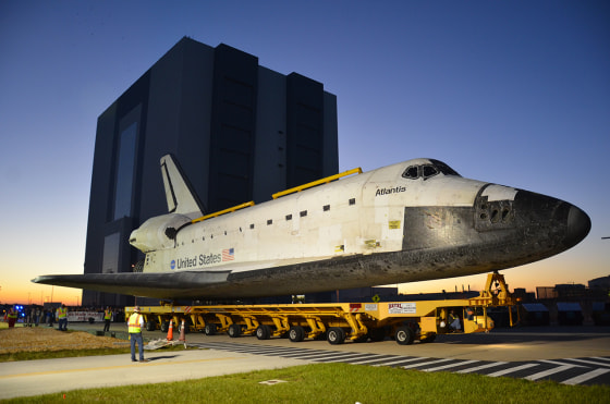 The space shuttle Atlantis leaves NASA's Vehicle Assembly Building for the last time.