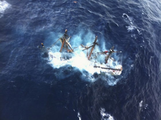 Image: The HMS Bounty is shown submerged in the Atlantic Ocean during Hurricane Sandy approximately 90 miles southeast of Hatteras, North Carolina