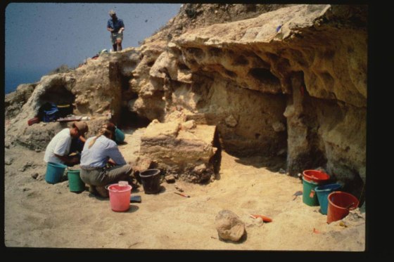 Neanderthals or other extinct human lineages may have sailed to the Mediterranean Islands long before previously thought. Here, an excavation at Akrotiri Aetokremnos, a site in Cyprus dating back to about 10,000 B.C., where pygmy hippo fossils were found.