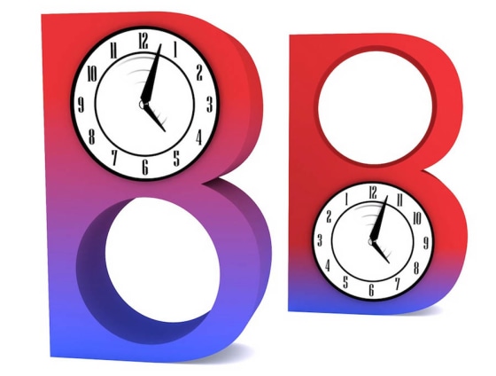 In this illustration, two different B mesons are changing between states (represented as colors); however blue-B changes into red-B more quickly than red-B changes into blue-B (a process running in reverse-time, as shown by the backwards clock dial).