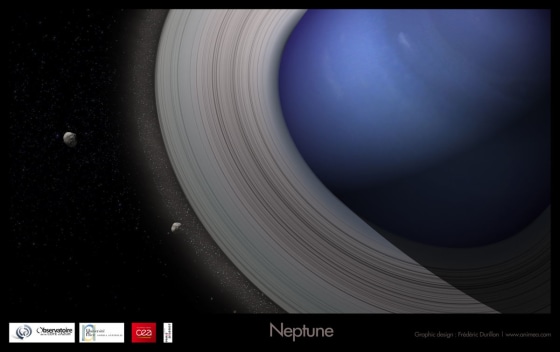 An artist's view of Neptune with massive rings, giving birth to its satellite system.
