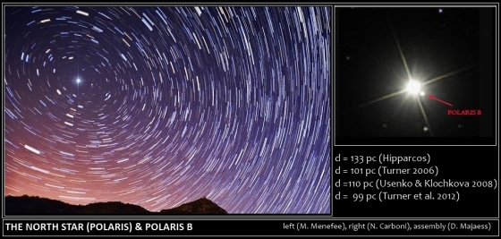 This long-exposure photo (left) shows how the North Star, Polaris, stays fixed in the night sky as other stars appear to move during the night because of Earth's rotation. At right, a close-up of the multi-star Polaris system.