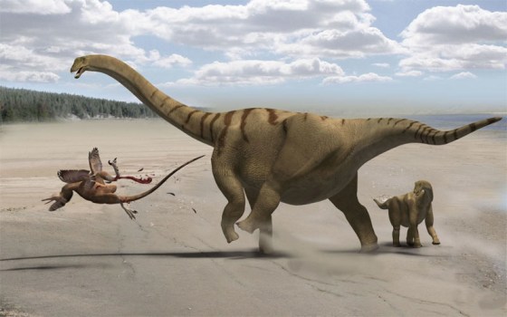 Plant-eating dinosaurs like this mother Brontomerus and her baby were born giants, say scientists who found dinosaurs skewed more toward giant species than modern creatures.