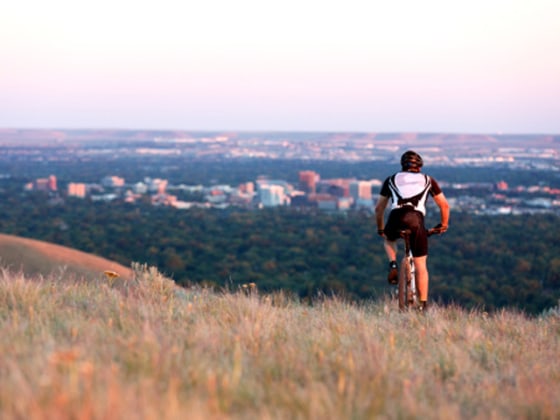 A mountain biker cruises along in Boise, Idaho.