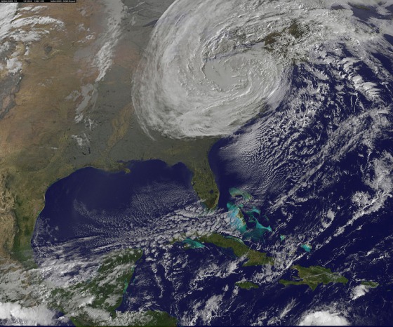 NOAA GOES-13 weather satellite image of Sandy at 6:02 a.m. EDT on Tuesday.