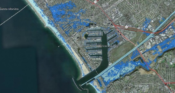 A report for state agencies mapped areas along California's coast that can expect flooding if warming continues unabated. This area is along Venice Beach and Marina Del Rey in Los Angeles. Dark blue represents flooded areas if sea levels were to rise by five feet. Light blue represents areas known to expect a flood once every 100 or so years.