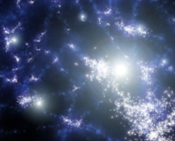 This illlustration depicts the universe shortly after the big bang, just after the first stars began to form.