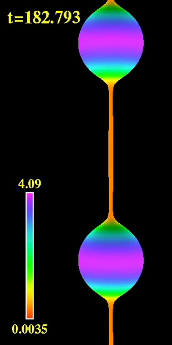 Five-dimensional black strings evolve into black holes connected by black string filaments, in this computer simulation.