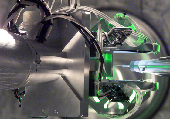 The target chamber of the National Ignition Facility. The facility debuts this year and will have the power to compress hydrogen down to the density of copper.