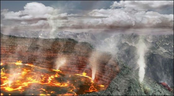 Getty Images | The \"Press\" An illustration of a large-scale volcanic eruption. In a recent paper, scientists argue that there are two types of events that can cause extinctions -- \"pulses\" such as asteroid impacts and \"presses\" such as million-year-long eruptions. The chances of a mass extinction event go way up when both happen together, they said.