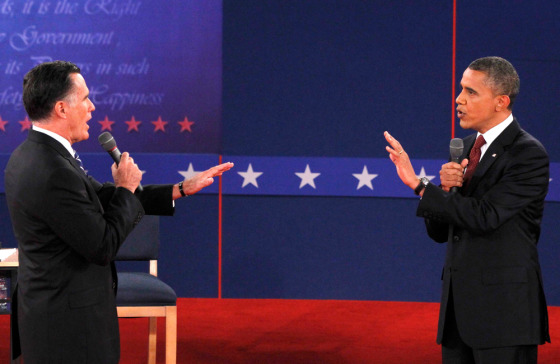 Image: U.S. President Obama and Republican presidential nominee Romney interact during the second U.S. presidential debate in Hempstead