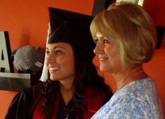 Ashley Jackson, left, pictured here at her college graduation from Indiana University in Bloomington with her mother, Rise Conn., says as a teenager, she and her mom bonded over their mutual love for indoor tanning. 