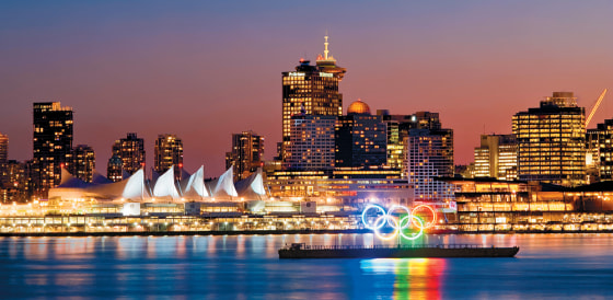 Image: Vancouver skyline with Olympic Rings in Coal Harbour