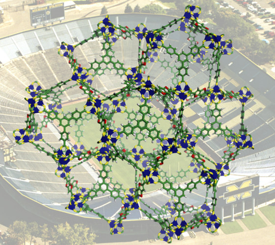 Adam Matzger | Excellent Absorption One-thirtieth of an ounce of a newly developed zinc-oxide crystal has enough surface area to cover an entire football field. Scientists say this labyrinthine material could eventually store hydrogen for cars or pull planet-warming carbon dioxide out of the air. |
