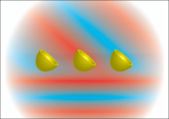 Naomi Halas, Rice University | High Design This illustration shows the basic design of a new 3D metamaterial, which is lined with gold nanocups that re-direct the flow of light hitting an object. When the light is gathered and aimed away from the viewer's eye, the object appears invisible