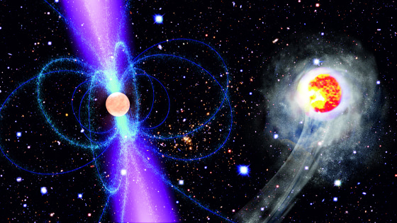 This artist's impression shows the speedy companion (right) as it races around the pulsar PSR J1311-3430 (left). The energetic gamma-radiation emitted by the pulsar heats and consequently evaporates the companion. The pulsar, which completes one orbit every 93 minutes, is surrounded by its strong magnetic field (blue).