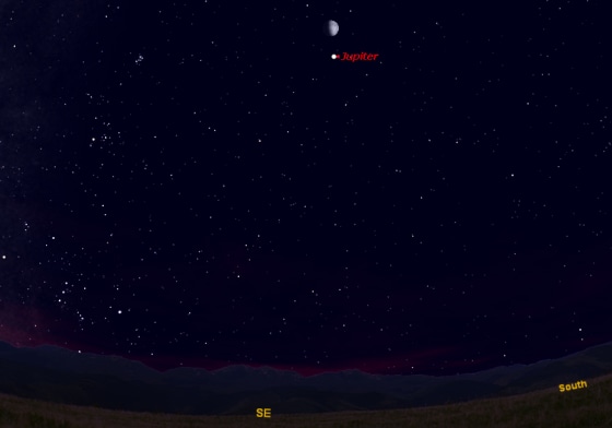 This sky map shows where to look to see the moon and Jupiter together in the night sky on Jan. 2, 2012 at 6 p.m. local time from mid-northern latitudes.