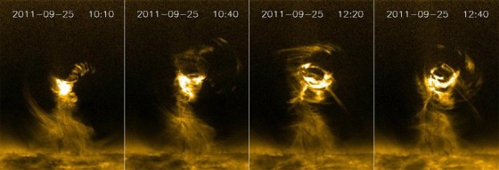 In the lower corona swirling magnetic fields and plasma create huge solar tornadoes measuring several times the width of Earth.