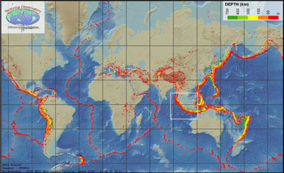 Lisa Christiansen | World Earthquake Map
This global map of earthquakes magnitude 5.0 or above shows the Sumatra region outlined in white. The colors indicate the depth of the earthquakes, red being the most shallow and green the deepest. | More Images
