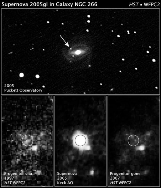 NASA, ESA, and A. Gal-Yam (Weizmann Institute of Science, Israel) | SN 2005gl
These photographs from NASA's Hubble Space Telescope have been used to uncover the progenitor star to a supernova that exploded in 2005. To the surprise of astronomers, the progenitor is a rare class of ultra-bright star that, according to theory, shouldn't explode so early in its evolution. |