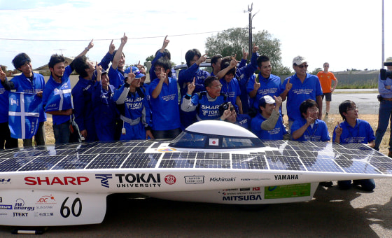 The Japanese team Tokai Challenger celebrates its victory in the World Solar Challenge in Adelaide, Australia, on Wednesday.