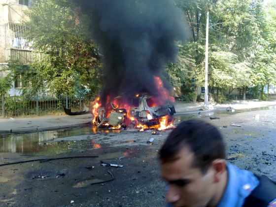 Image: A car burns in Makhachkala, the capital