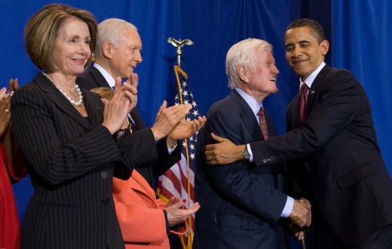 President Obama embraces Sen. Edward Kennedy, D-Mass., before signing the Edward M. Kennedy Serve America Act, which provides the boldest expansion of opportunities to serve the country and communities since the creation of AmeriCorps.