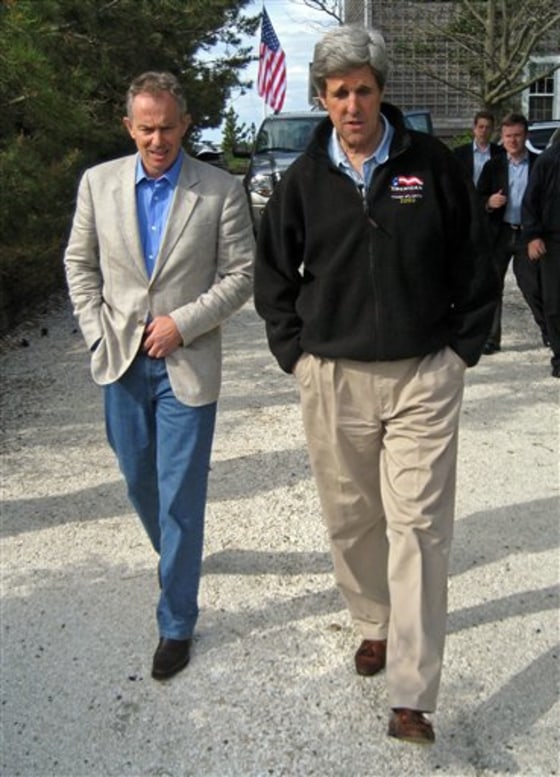 Sen. John Kerry, D-Mass., right, and former British Prime Minister Tony Blair discussed global warming and crude oil prices Saturday, in Nantucket, Massachusetts.