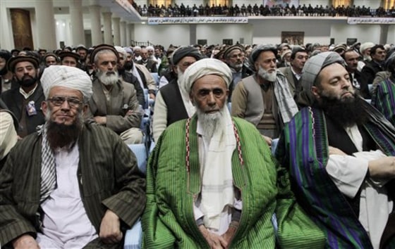 Afghan elders listen to President Hamid Karzai speaking during the opening of the loya jirga, or grand council, in Kabul on Wednesday.