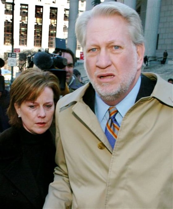Bernard Ebbers former CEO of WorldCom exits Manhattan federal court with wife Kristie, left, Tuesday in New York. Ebbers was convicted on all counts in the trial in which he was accused of orchestrating an accounting scandal.