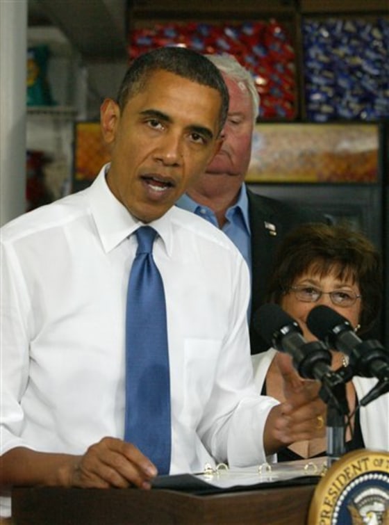 President Barack Obama delivers a brief speech after sitting with small business owners at the Tastee Sub Shop in Edison, N.J. on Wednesday, July 28, 2010. Behind him are Tom and Catherine Horsburgh of Wayne, N.J. (AP Photo/Augusto F. Menezes, Pool)