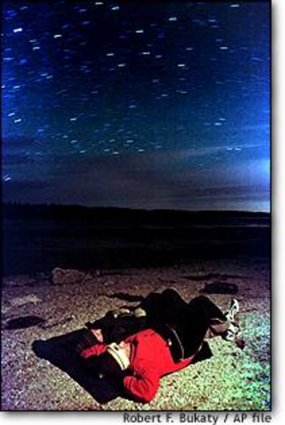 Rick Feeney and Ewa Tomecka watch 1999's Leonid meteor shower from the shore of Maquoit Bay in Maine.