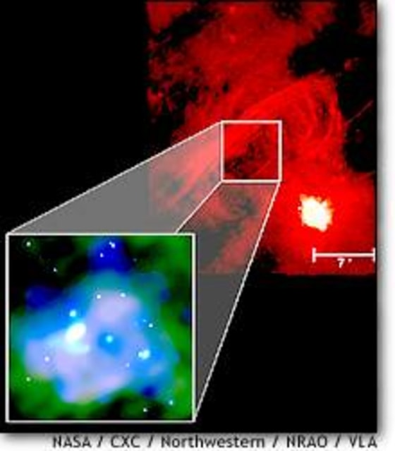X-ray and radio images show the signature of the Milky Way's black hole. Streaks of radio-emitting matter known as the Galactic Center Radio Arc (shown in red) swirl around a source of X-ray emissions (shown in blue).